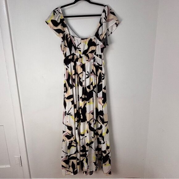 Nine West Cream & Black Floral Asían Print Maxi Dress L Milkmaid Prairie‎ Boho - Picture 2 of 14